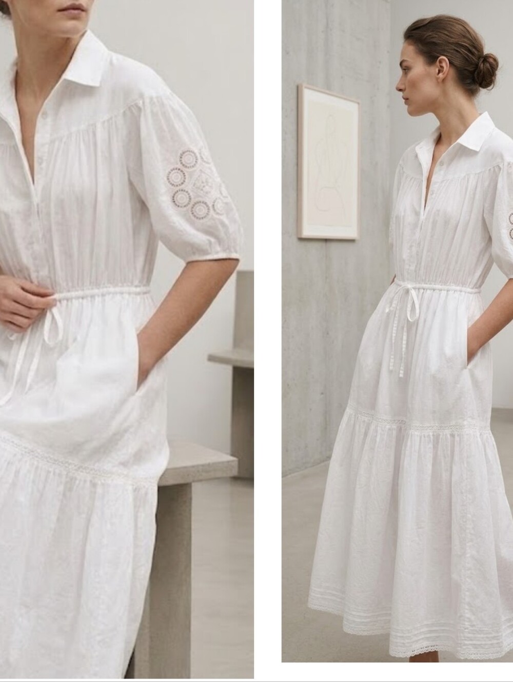 XiRENA White Tiered Eyelet Midi Dress with Drawstring Waist Size XS